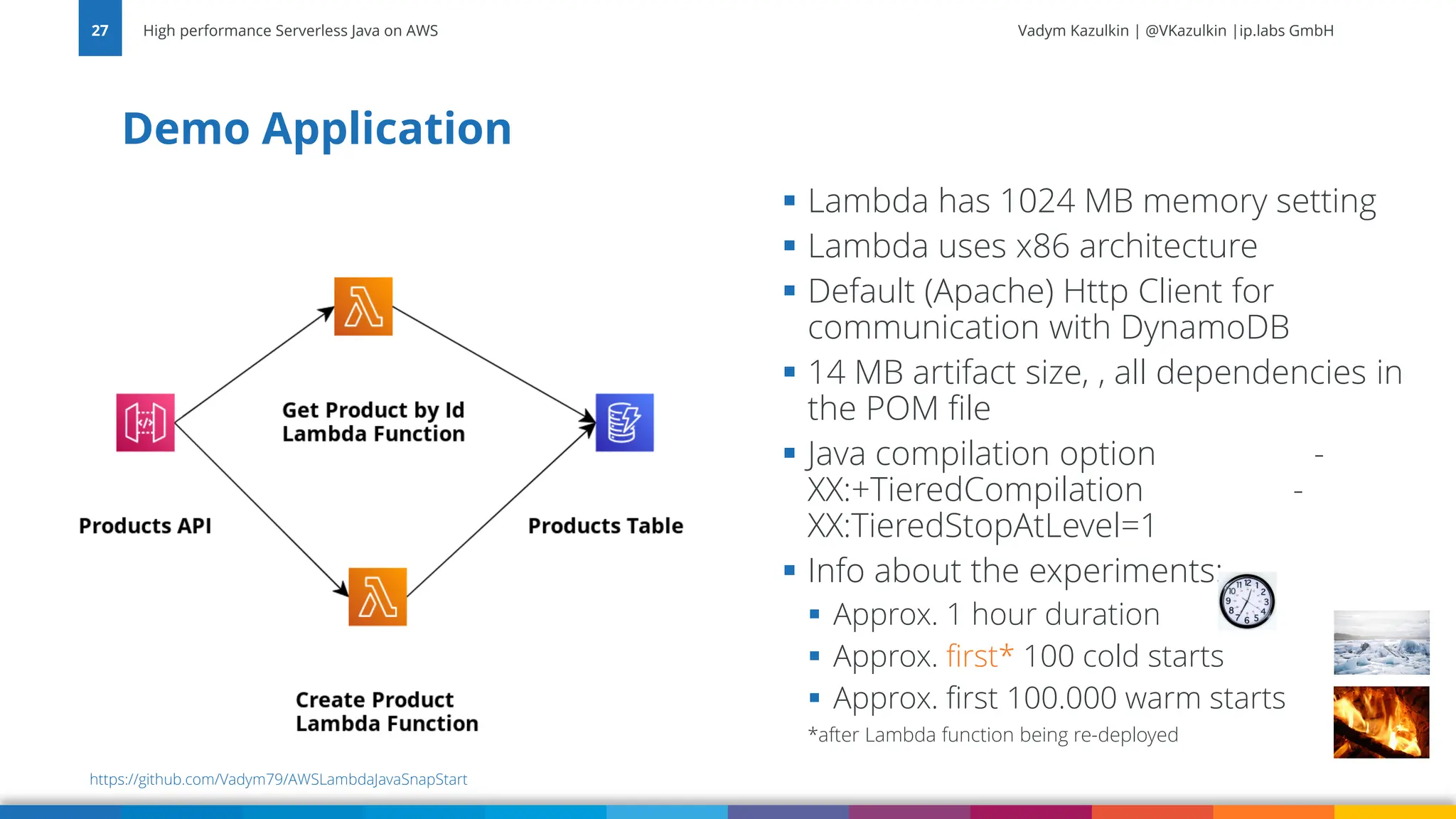 Vadym Kazulkin | @VKazulkin |ip.labs GmbH Demo Application High performance Serverless Java on AWS 27 https://github.com/Vadym79/AWSLambdaJavaSnapStart ▪ Lambda has 1024 MB memory setting ▪ Lambda uses x86 architecture ▪ Default (Apache) Http Client for communication with DynamoDB ▪ 14 MB artifact size, , all dependencies in the POM file ▪ Java compilation option - XX:+TieredCompilation - XX:TieredStopAtLevel=1 ▪ Info about the experiments: ▪ Approx. 1 hour duration ▪ Approx. first* 100 cold starts ▪ Approx. first 100.000 warm starts *after Lambda function being re-deployed 