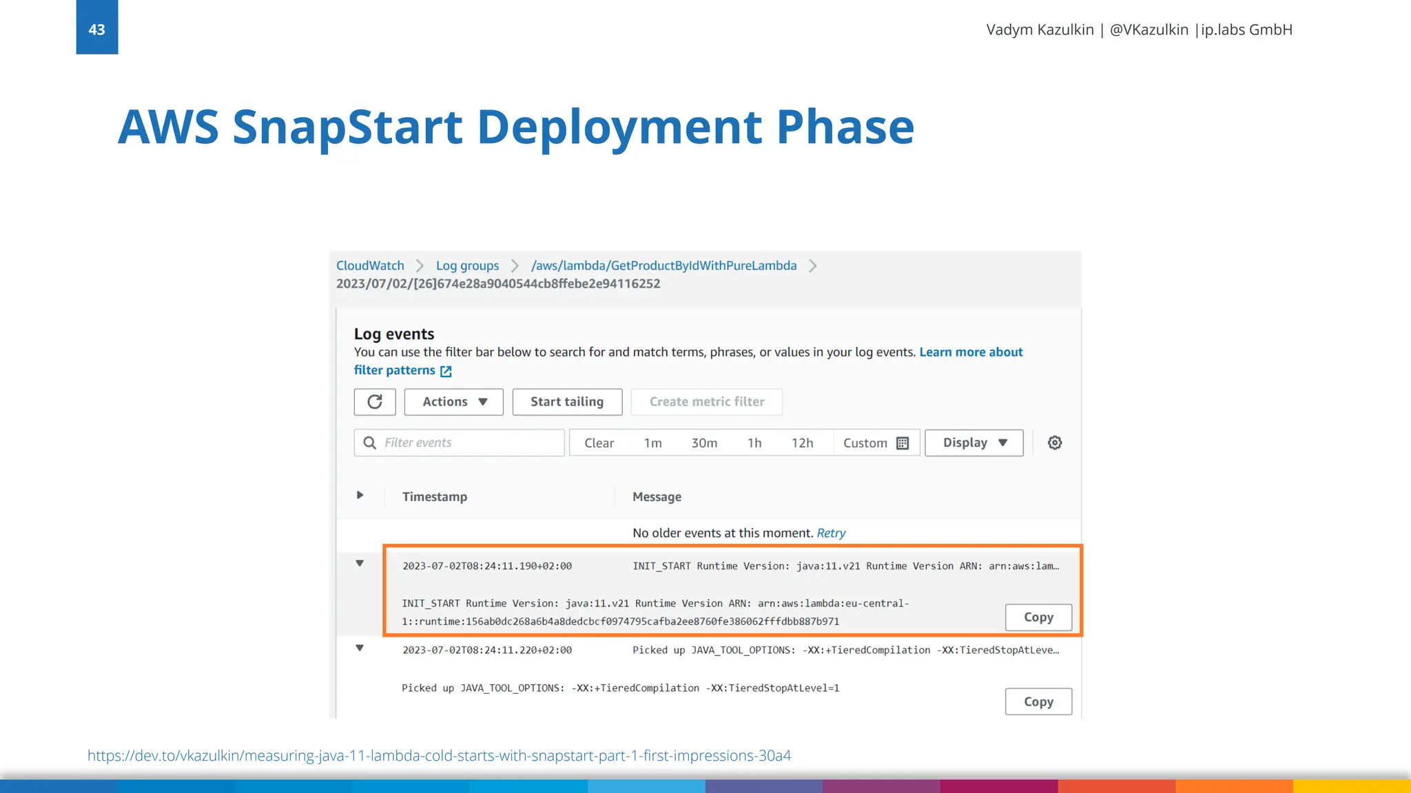 Vadym Kazulkin | @VKazulkin |ip.labs GmbH AWS SnapStart Deployment Phase 43 https://dev.to/vkazulkin/measuring-java-11-lambda-cold-starts-with-snapstart-part-1-first-impressions-30a4 