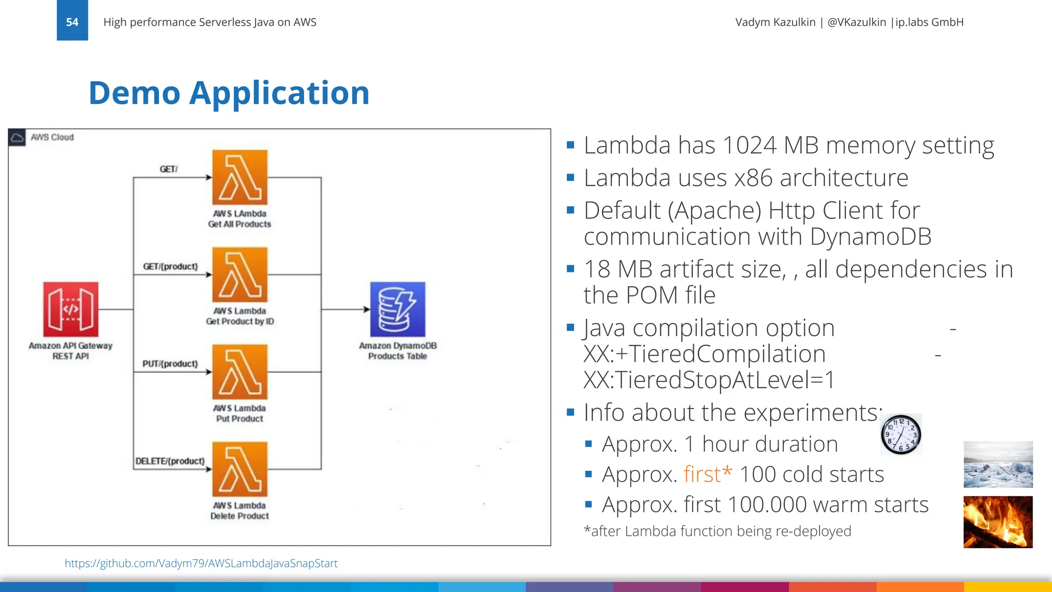 Vadym Kazulkin | @VKazulkin |ip.labs GmbH Demo Application High performance Serverless Java on AWS 54 https://github.com/Vadym79/AWSLambdaJavaSnapStart ▪ Lambda has 1024 MB memory setting ▪ Lambda uses x86 architecture ▪ Default (Apache) Http Client for communication with DynamoDB ▪ 18 MB artifact size, , all dependencies in the POM file ▪ Java compilation option - XX:+TieredCompilation - XX:TieredStopAtLevel=1 ▪ Info about the experiments: ▪ Approx. 1 hour duration ▪ Approx. first* 100 cold starts ▪ Approx. first 100.000 warm starts *after Lambda function being re-deployed 
