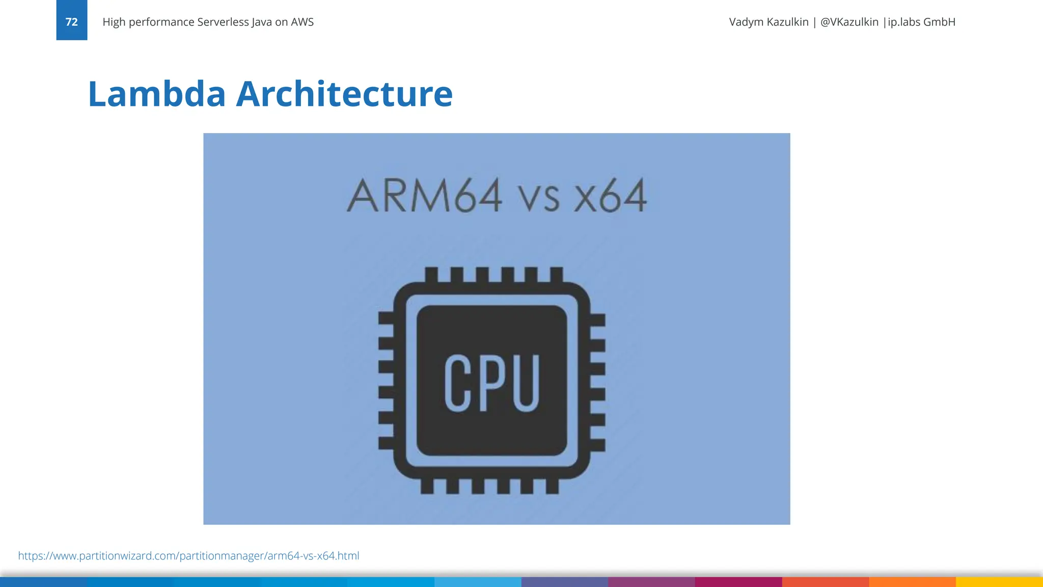 Vadym Kazulkin | @VKazulkin |ip.labs GmbH Lambda Architecture High performance Serverless Java on AWS 72 https://www.partitionwizard.com/partitionmanager/arm64-vs-x64.html 