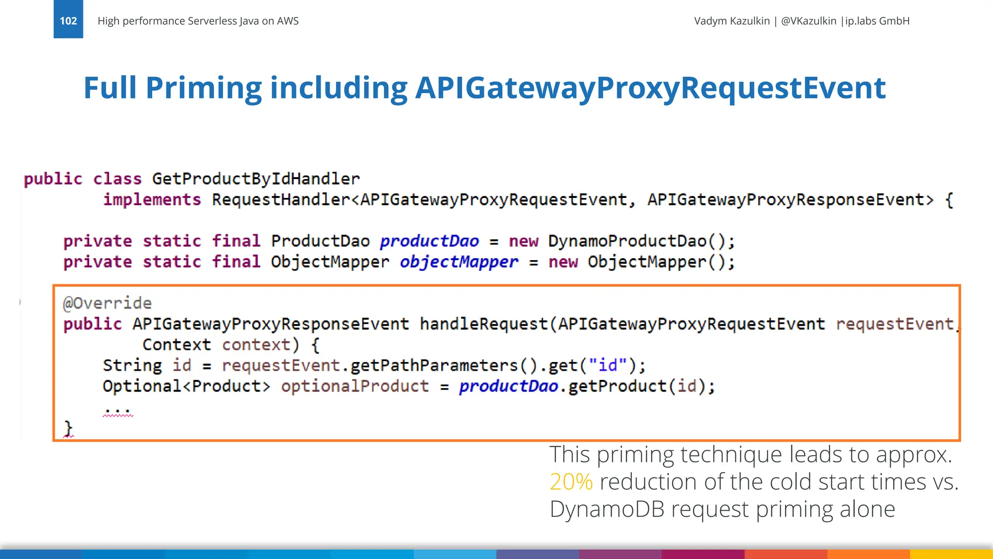 Vadym Kazulkin | @VKazulkin |ip.labs GmbH Full Priming including APIGatewayProxyRequestEvent High performance Serverless Java on AWS 102 This priming technique leads to approx. 20% reduction of the cold start times vs. DynamoDB request priming alone 