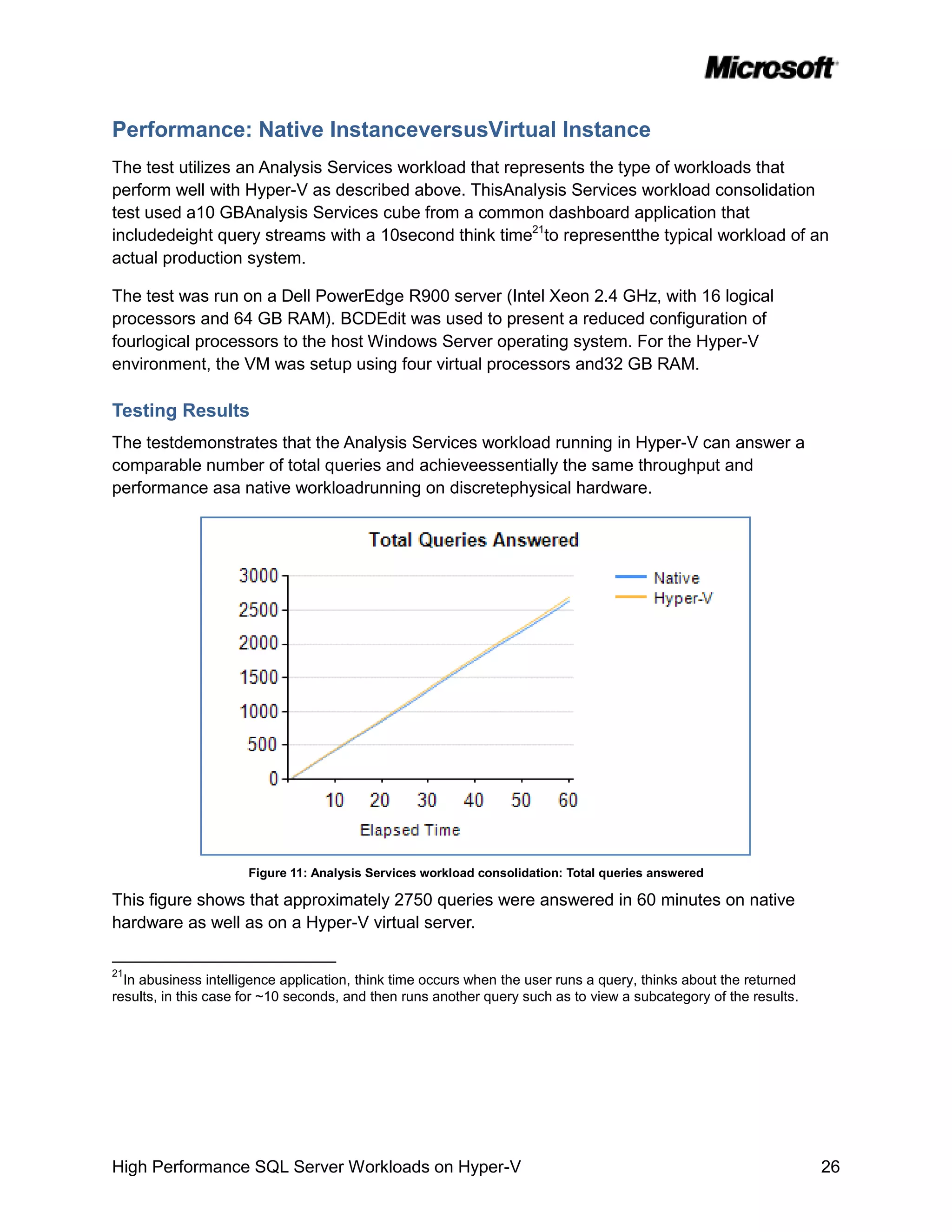Performance: Native InstanceversusVirtual Instance
The test utilizes an Analysis Services workload that represents the type of workloads that
perform well with Hyper-V as described above. ThisAnalysis Services workload consolidation
test used a10 GBAnalysis Services cube from a common dashboard application that
includedeight query streams with a 10second think time21to representthe typical workload of an
actual production system.

The test was run on a Dell PowerEdge R900 server (Intel Xeon 2.4 GHz, with 16 logical
processors and 64 GB RAM). BCDEdit was used to present a reduced configuration of
fourlogical processors to the host Windows Server operating system. For the Hyper-V
environment, the VM was setup using four virtual processors and32 GB RAM.

Testing Results
The testdemonstrates that the Analysis Services workload running in Hyper-V can answer a
comparable number of total queries and achieveessentially the same throughput and
performance asa native workloadrunning on discretephysical hardware.




                      Figure 11: Analysis Services workload consolidation: Total queries answered

This figure shows that approximately 2750 queries were answered in 60 minutes on native
hardware as well as on a Hyper-V virtual server.

21
  In abusiness intelligence application, think time occurs when the user runs a query, thinks about the returned
results, in this case for ~10 seconds, and then runs another query such as to view a subcategory of the results.




High Performance SQL Server Workloads on Hyper-V                                                                   26
 