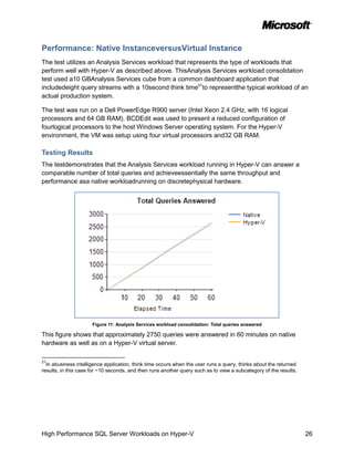 Performance: Native InstanceversusVirtual Instance
The test utilizes an Analysis Services workload that represents the type of workloads that
perform well with Hyper-V as described above. ThisAnalysis Services workload consolidation
test used a10 GBAnalysis Services cube from a common dashboard application that
includedeight query streams with a 10second think time21to representthe typical workload of an
actual production system.

The test was run on a Dell PowerEdge R900 server (Intel Xeon 2.4 GHz, with 16 logical
processors and 64 GB RAM). BCDEdit was used to present a reduced configuration of
fourlogical processors to the host Windows Server operating system. For the Hyper-V
environment, the VM was setup using four virtual processors and32 GB RAM.

Testing Results
The testdemonstrates that the Analysis Services workload running in Hyper-V can answer a
comparable number of total queries and achieveessentially the same throughput and
performance asa native workloadrunning on discretephysical hardware.




                      Figure 11: Analysis Services workload consolidation: Total queries answered

This figure shows that approximately 2750 queries were answered in 60 minutes on native
hardware as well as on a Hyper-V virtual server.

21
  In abusiness intelligence application, think time occurs when the user runs a query, thinks about the returned
results, in this case for ~10 seconds, and then runs another query such as to view a subcategory of the results.




High Performance SQL Server Workloads on Hyper-V                                                                   26
 