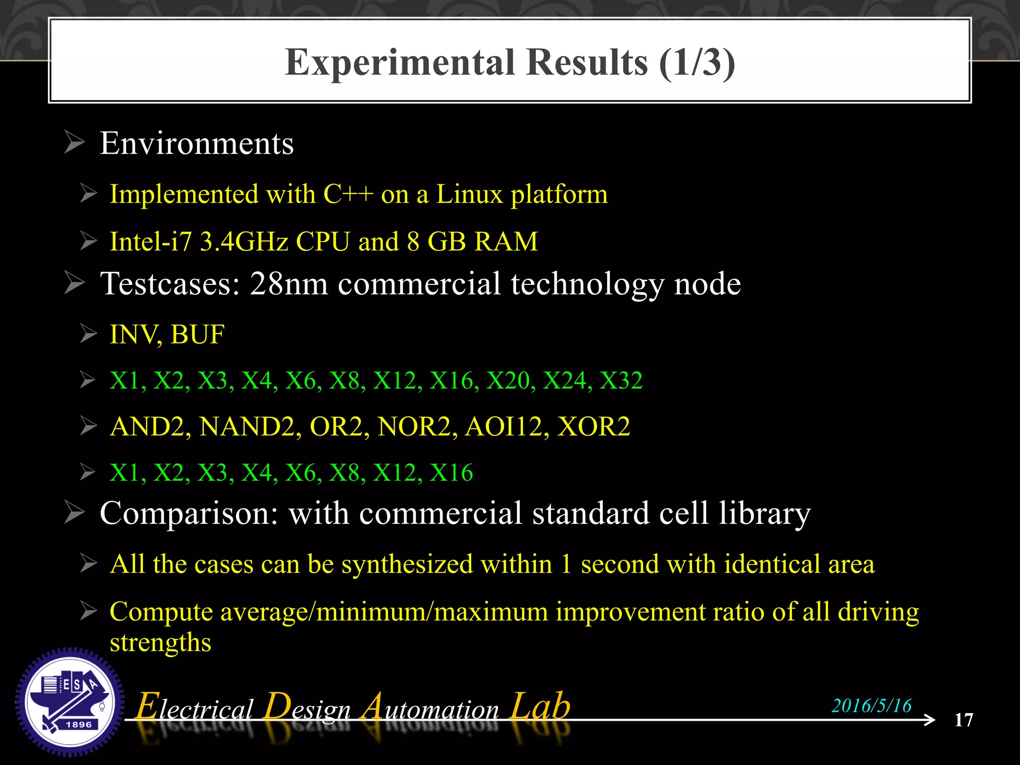 Electrical Design Automation LabElectrical Design Automation Lab
 Environments
 Implemented with C++ on a Linux platform
 Intel-i7 3.4GHz CPU and 8 GB RAM
 Testcases: 28nm commercial technology node
 INV, BUF
 X1, X2, X3, X4, X6, X8, X12, X16, X20, X24, X32
 AND2, NAND2, OR2, NOR2, AOI12, XOR2
 X1, X2, X3, X4, X6, X8, X12, X16
 Comparison: with commercial standard cell library
 All the cases can be synthesized within 1 second with identical area
 Compute average/minimum/maximum improvement ratio of all driving
strengths
Experimental Results (1/3)
17
2016/5/16
 