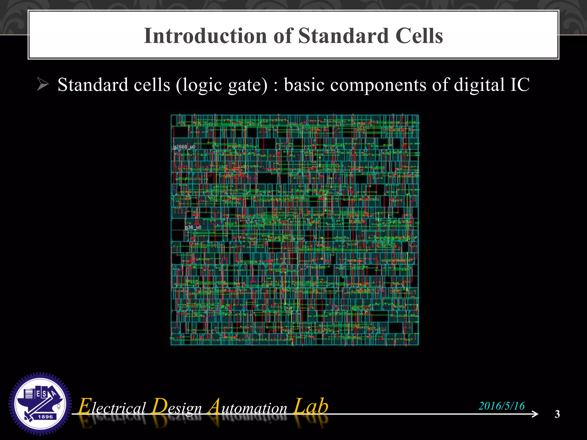 Electrical Design Automation LabElectrical Design Automation Lab
 Standard cells (logic gate) : basic components of digital IC
Introduction of Standard Cells
3
2016/5/16
 