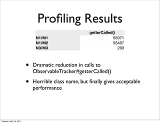 Proﬁling Results
                                                       getterCalled()
                               N1/M1                                93071
                               N1/M2                                93467
                               N3/M3                                  269



                          •   Dramatic reduction in calls to
                              ObservableTracker#getterCalled()

                          •   Horrible class name, but ﬁnally gives acceptable
                              performance




Tuesday, April 19, 2011
 