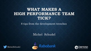 WHAT MAKES A
HIGH PERFORMANCE TEAM
TICK?
Michel Schudel
MichelSchudel
8 tips from the development trenches
 