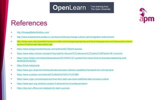 References
▪ http://thingsalittlebirdtoldme.com/
▪ http://www.employment-studies.co.uk/resource/facing-change-culture-call-immigration-enforcement
▪ http://www.open.edu/openlearn/science-maths-technology/engineering-and-technology/groups-and-teamwork/content-
section-0?active-tab=description-tab
▪ https://www.penguinrandomhouse.com/authors/62736/phil-jackson
▪ https://www.wiley.com/en-us/search?pq=patrick+lencioni%7Crelevance%7Cauthor%3APatrick+M.+Lencioni
▪ https://www.forbes.com/sites/erikaandersen/2013/05/31/21-quotes-from-henry-ford-on-business-leadership-and-
life/#52829338293c
▪ https://khub.net/govpdc
▪ https://www.gov.uk/government/publications/project-delivery-capability-framework-for-civil-servants
▪ https://www.youtube.com/channel/UCulllraGmP2xPJrTkvF2lBA
▪ https://www.virgin.com/entrepreneur/how-tech-start-ups-have-redefined-idea-company-culture
▪ https://www.apm.org.uk/about-us/apm-5-dimensions-of-professionalism/
▪ https://discover.office.com/catalysts-for-team-success
 