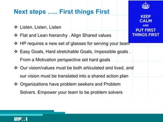 Servant Leader Mind set
Language of a Servant Leader:
1. I am proud of you.
2. I trust our team.
3. What do you think?
4. How can I help?
5. I was wrong, I am sorry.
 