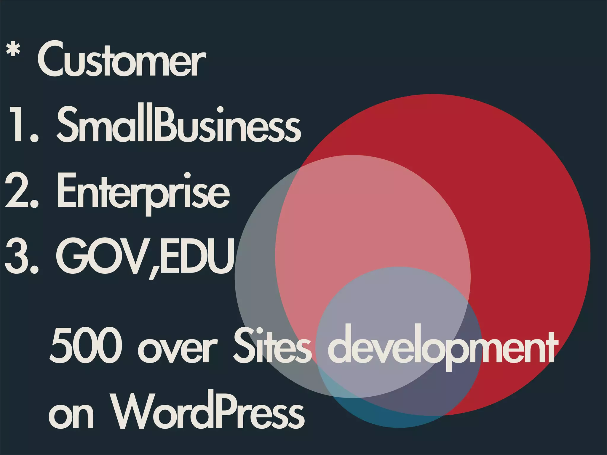 * Customer
1. SmallBusiness
2. Enterprise
3. GOV,EDU
500 over Sites development
on WordPress