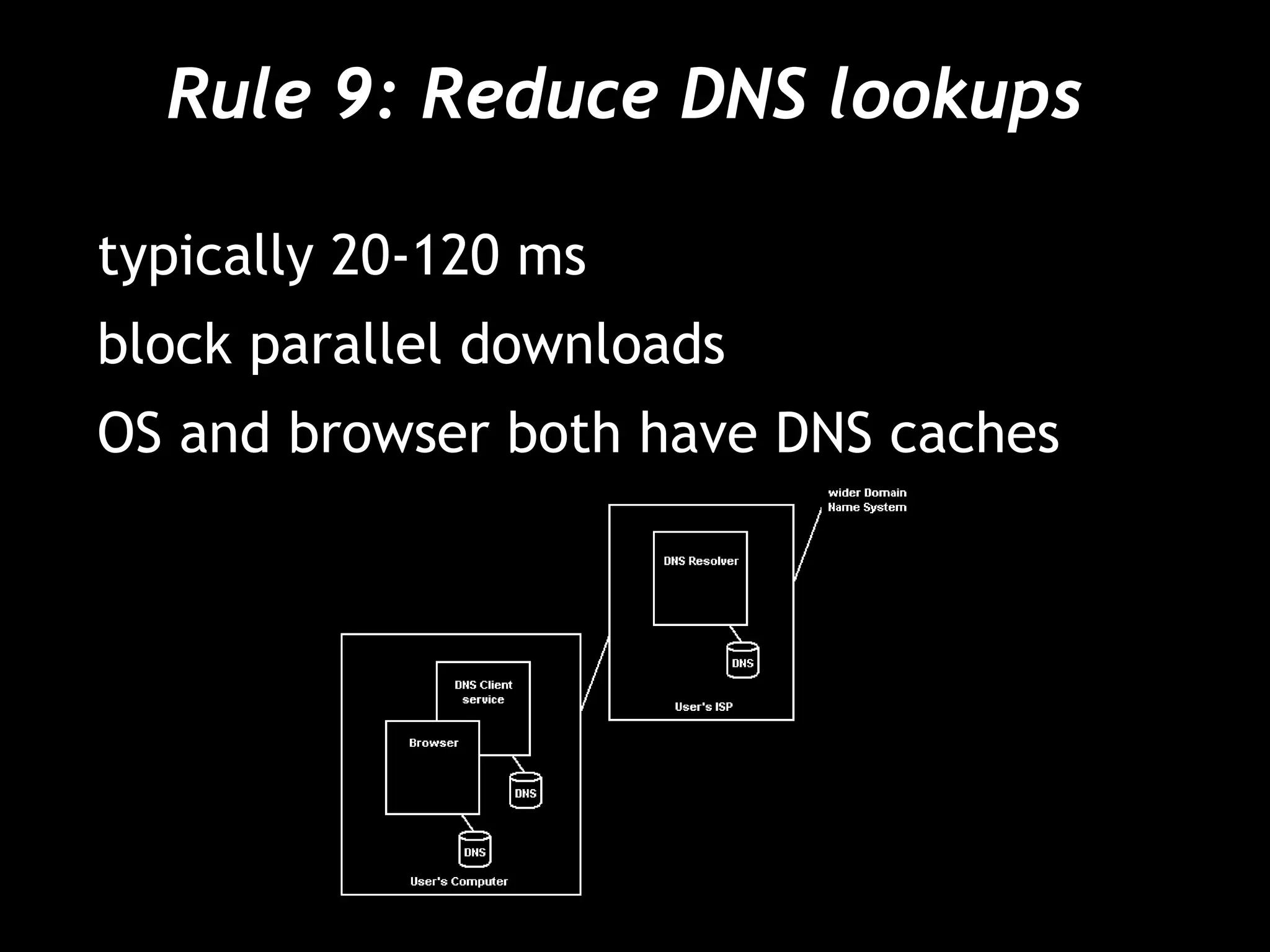 Rule 9: Reduce DNS lookups  typically 20-120 ms block parallel downloads OS and browser both have DNS caches 