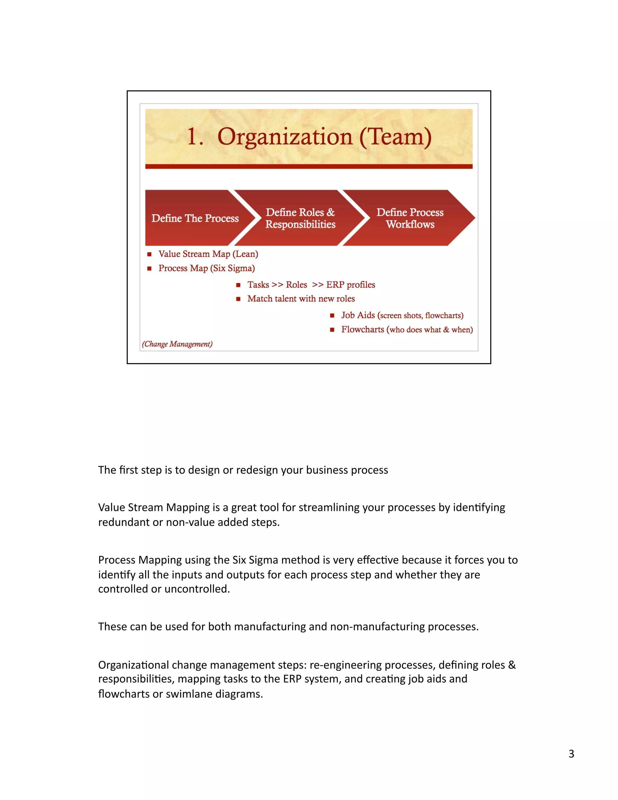 The ﬁrst step is to design or redesign your business process 


Value Stream Mapping is a great tool for streamlining your processes by iden8fying 
redundant or non‐value added steps.   


Process Mapping using the Six Sigma method is very eﬀec8ve because it forces you to 
iden8fy all the inputs and outputs for each process step and whether they are 
controlled or uncontrolled. 


These can be used for both manufacturing and non‐manufacturing processes. 


Organiza8onal change management steps: re‐engineering processes, deﬁning roles & 
responsibili8es, mapping tasks to the ERP system, and crea8ng job aids and 
ﬂowcharts or swimlane diagrams. 



                                                                                       3 
 