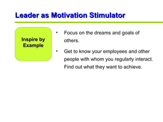 Leader as Motivation Stimulator Inspire by Example <ul><li>Focus on the dreams and goals of others.  </li></ul><ul><li>Get...