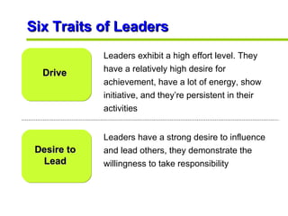 Six Traits of Leaders Drive Leaders exhibit a high effort level. They have a relatively high desire for achievement, have ...
