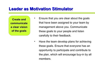 Leader as Motivation Stimulator Create and communicate a clear vision of the goals <ul><li>Ensure that you are clear about...