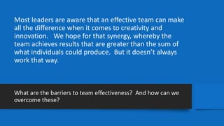 Most leaders are aware that an effective team can make
all the difference when it comes to creativity and
innovation. We h...
