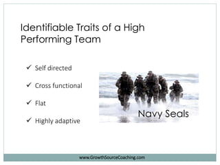 Identifiable Traits of a High
Performing Team
 Self directed
 Cross functional
 Flat
 Highly adaptive
Navy Seals
www.GrowthSourceCoaching.com
 