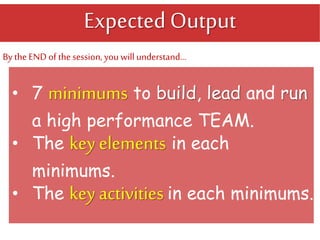 Expected Output
• 7 minimums to build, lead and run
a high performance TEAM.
• The key elements in each
minimums.
• The key activities in each minimums.
By the END of the session, you will understand…
 