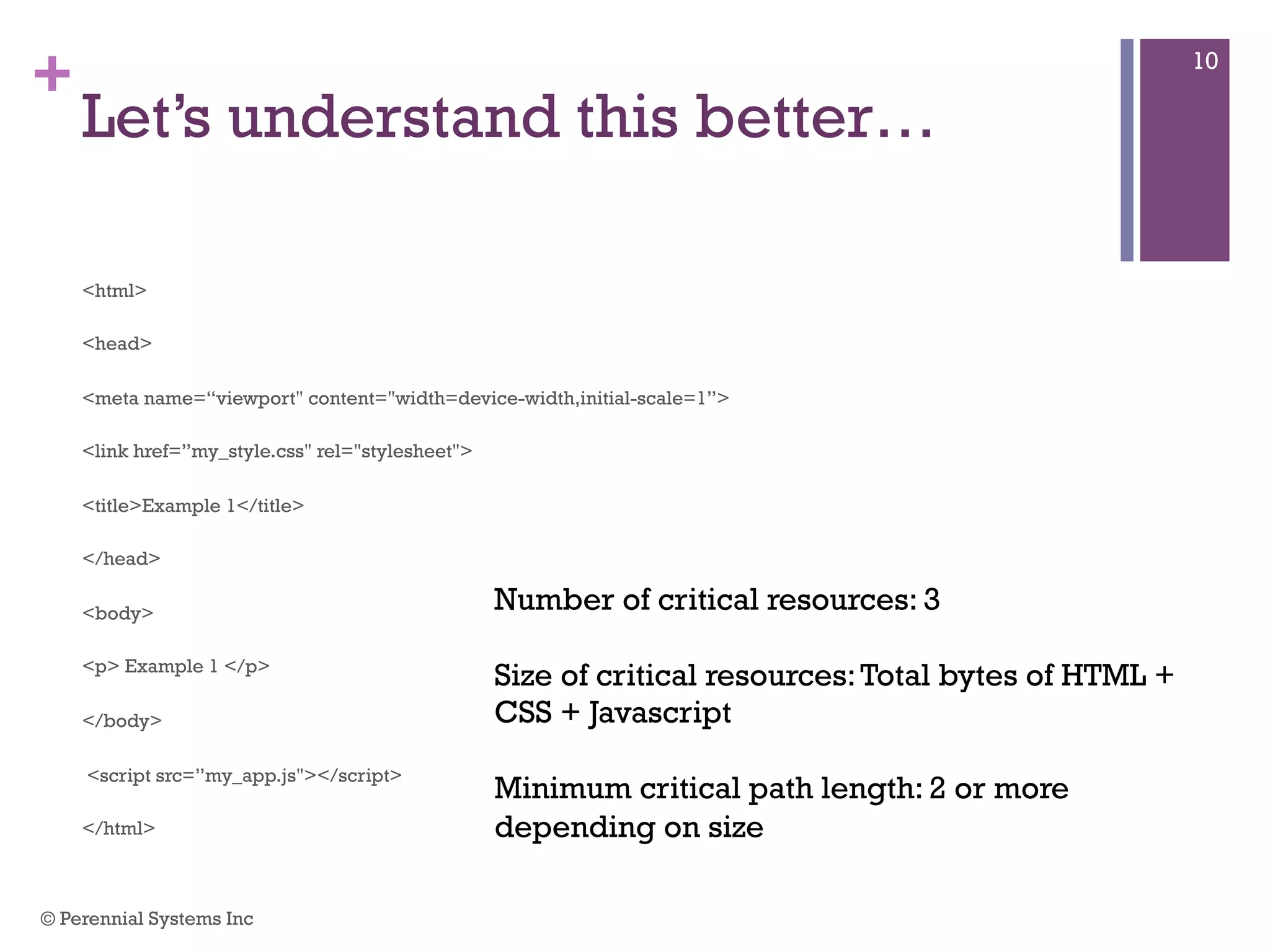 +
Let’s understand this better…
<html>
<head>
<meta name=“viewport" content="width=device-width,initial-scale=1”>
<link href=”my_style.css" rel="stylesheet">
<title>Example 1</title>
</head>
<body>
<p> Example 1 </p>
</body>
<script src=”my_app.js"></script>
</html>
Number of critical resources: 3
Size of critical resources: Total bytes of HTML +
CSS + Javascript
Minimum critical path length: 2 or more
depending on size
© Perennial Systems Inc
10
 