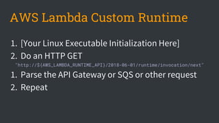 AWS Lambda Custom Runtime
1. [Your Linux Executable Initialization Here]
2. Do an HTTP GET
"http://${AWS_LAMBDA_RUNTIME_API}/2018-06-01/runtime/invocation/next"
1. Parse the API Gateway or SQS or other request
2. Repeat
 