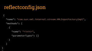 reflectconfig.json
{
"name": "com.sun.xml.internal.stream.XMLInputFactoryImpl",
"methods": [
{
"name": "<init>",
"parameterTypes": []
}
]
}
 