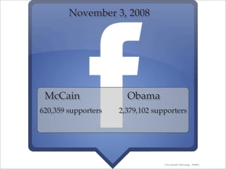 November 3, 2008




 McCain                Obama
620,359 supporters   2,379,102 supporters




                                  (Jeremiah Owyang, 2008)
 