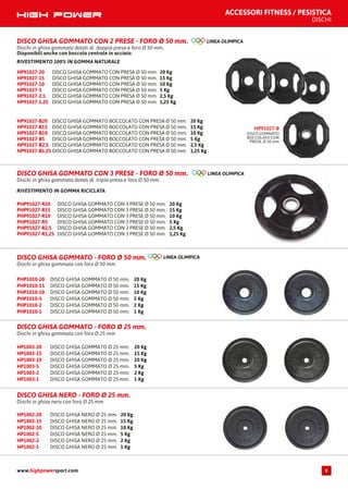 www.highpowersport.com 9
ACCESSORI FITNESS / PESISTICA
DISCHI
DISCO GHISA GOMMATO Ø 50 mm. 20 KgPHP1010-20
DISCO GHISA GOMMATO Ø 50 mm. 15 KgPHP1010-15
DISCO GHISA GOMMATO Ø 50 mm. 10 KgPHP1010-10
DISCO GHISA GOMMATO Ø 50 mm. 5 KgPHP1010-5
DISCO GHISA GOMMATO Ø 50 mm. 2 KgPHP1010-2
DISCO GHISA GOMMATO Ø 50 mm. 1 KgPHP1010-1
DISCO GHISA GOMMATO - FORO Ø 50 mm.
Dischi in ghisa gommata con foro Ø 50 mm.
DISCO GHISA GOMMATO CON 2 PRESE - FORO Ø 50 mm.
Dischi in ghisa gommata dotati di doppia presa e foro Ø 50 mm.
Disponibili anche con boccola centrale in acciaio.
RIVESTIMENTO 100% IN GOMMA NATURALE
DISCO GHISA GOMMATO CON PRESA Ø 50 mm. 20 KgHP91027-20
DISCO GHISA GOMMATO CON PRESA Ø 50 mm. 15 KgHP91027-15
DISCO GHISA GOMMATO CON PRESA Ø 50 mm. 10 KgHP91027-10
DISCO GHISA GOMMATO CON PRESA Ø 50 mm. 5 KgHP91027-5
DISCO GHISA GOMMATO CON PRESA Ø 50 mm. 2,5 KgHP91027-2.5
DISCO GHISA GOMMATO CON PRESA Ø 50 mm. 1,25 KgHP91027-1.25
DISCO GHISA GOMMATO BOCCOLATO CON PRESA Ø 50 mm. 20 KgHP91027-B20
DISCO GHISA GOMMATO BOCCOLATO CON PRESA Ø 50 mm. 15 KgHP91027-B15
DISCO GHISA GOMMATO BOCCOLATO CON PRESA Ø 50 mm. 10 KgHP91027-B10
DISCO GHISA GOMMATO BOCCOLATO CON PRESA Ø 50 mm. 5 KgHP91027-B5
DISCO GHISA GOMMATO BOCCOLATO CON PRESA Ø 50 mm. 2,5 KgHP91027-B2.5
DISCO GHISA GOMMATO BOCCOLATO CON PRESA Ø 50 mm. 1,25 KgHP91027-B1.25
DISCO GHISA GOMMATO Ø 25 mm. 20 KgHP1003-20
DISCO GHISA GOMMATO Ø 25 mm. 15 KgHP1003-15
DISCO GHISA GOMMATO Ø 25 mm. 10 KgHP1003-10
DISCO GHISA GOMMATO Ø 25 mm. 5 KgHP1003-5
DISCO GHISA GOMMATO Ø 25 mm. 2 KgHP1003-2
DISCO GHISA GOMMATO Ø 25 mm. 1 KgHP1003-1
DISCO GHISA GOMMATO - FORO Ø 25 mm.
Dischi in ghisa gommata con foro Ø 25 mm
DISCO GHISA NERO Ø 25 mm. 20 KgHP1002-20
DISCO GHISA NERO Ø 25 mm. 15 KgHP1002-15
DISCO GHISA NERO Ø 25 mm. 10 KgHP1002-10
DISCO GHISA NERO Ø 25 mm. 5 KgHP1002-5
DISCO GHISA NERO Ø 25 mm. 2 KgHP1002-2
DISCO GHISA NERO Ø 25 mm. 1 KgHP1002-1
DISCO GHISA NERO - FORO Ø 25 mm.
Dischi in ghisa nera con foro Ø 25 mm
DISCO GHISA GOMMATO CON 3 PRESE - FORO Ø 50 mm.
Dischi in ghisa gommata dotati di tripla presa e foro Ø 50 mm.
RIVESTIMENTO IN GOMMA RICICLATA
DISCO GHISA GOMMATO CON 3 PRESE Ø 50 mm. 20 KgPHP91027-R20
DISCO GHISA GOMMATO CON 3 PRESE Ø 50 mm. 15 KgPHP91027-R15
DISCO GHISA GOMMATO CON 3 PRESE Ø 50 mm. 10 KgPHP91027-R10
DISCO GHISA GOMMATO CON 3 PRESE Ø 50 mm. 5 KgPHP91027-R5
DISCO GHISA GOMMATO CON 3 PRESE Ø 50 mm. 2,5 KgPHP91027-R2,5
DISCO GHISA GOMMATO CON 3 PRESE Ø 50 mm. 1,25 KgPHP91027-R1,25
DISCO GOMMATO
BOCCOLATO CON
PRESA, Ø 50 mm
HP91027-B
 