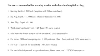 Norms recommended for nursing service and education hospital setting.
1. Nursing Supdt -1: 200 beds (hospitals with 200 or more beds).
2. Dy. Nsg. Supdt. - 1: 300 beds ( wherever beds are over 200)
3. Asst. Nsg . Supdt - 1: 100
4. Ward sister/ward supervisor - 1:25 beds 30% leave reserve
5. Staff nurse for wards -1:3 ( or 1:9 for each shift ) 30% leave reserve
6. For nurses OPD and emergency etc - 1: 100 patients ( 1 bed : 5 out patients) 30% leave reserve
7. For ICU -1:1(or 1:3 for each shift) 30% leave reserve
8. For specialised depts such as operation theatre, labour room etc- 1: 25 30% leave reserve.
 