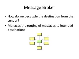 Message BrokerHow do we decouple the destination from the sender?Manages the routing of messages to intended destinations