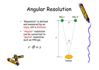 Angular Resolution
                                Obj 1           Obj 2

• “Resolution” is defined                 s
  an...