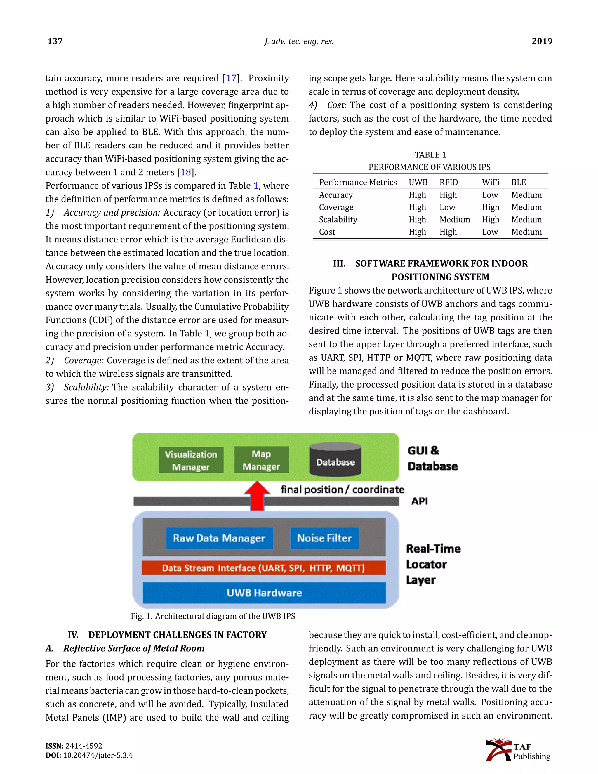137 J. adv. tec. eng. res. 2019
tain accuracy, more readers are required [17]. Proximity
method is very expensive for a large coverage area due to
a high number of readers needed. However, 􀅭ingerprint ap-
proach which is similar to WiFi-based positioning system
can also be applied to BLE. With this approach, the num-
ber of BLE readers can be reduced and it provides better
accuracy than WiFi-based positioning system giving the ac-
curacy between 1 and 2 meters [18].
Performance of various IPSs is compared in Table 1, where
the de􀅭inition of performance metrics is de􀅭ined as follows:
1) Accuracy and precision: Accuracy (or location error) is
the most important requirement of the positioning system.
It means distance error which is the average Euclidean dis-
tance between the estimated location and the true location.
Accuracy only considers the value of mean distance errors.
However, location precision considers how consistently the
system works by considering the variation in its perfor-
mance over many trials. Usually, the Cumulative Probability
Functions (CDF) of the distance error are used for measur-
ing the precision of a system. In Table 1, we group both ac-
curacy and precision under performance metric Accuracy.
2) Coverage: Coverage is de􀅭ined as the extent of the area
to which the wireless signals are transmitted.
3) Scalability: The scalability character of a system en-
sures the normal positioning function when the position-
ing scope gets large. Here scalability means the system can
scale in terms of coverage and deployment density.
4) Cost: The cost of a positioning system is considering
factors, such as the cost of the hardware, the time needed
to deploy the system and ease of maintenance.
TABLE 1
PERFORMANCE OF VARIOUS IPS
Performance Metrics UWB RFID WiFi BLE
Accuracy High High Low Medium
Coverage High Low High Medium
Scalability High Medium High Medium
Cost High High Low Medium
III. SOFTWARE FRAMEWORK FOR INDOOR
POSITIONING SYSTEM
Figure 1 shows the network architecture of UWB IPS, where
UWB hardware consists of UWB anchors and tags commu-
nicate with each other, calculating the tag position at the
desired time interval. The positions of UWB tags are then
sent to the upper layer through a preferred interface, such
as UART, SPI, HTTP or MQTT, where raw positioning data
will be managed and 􀅭iltered to reduce the position errors.
Finally, the processed position data is stored in a database
and at the same time, it is also sent to the map manager for
displaying the position of tags on the dashboard.
Fig. 1. Architectural diagram of the UWB IPS
IV. DEPLOYMENT CHALLENGES IN FACTORY
A. Re􀅲lective Surface of Metal Room
For the factories which require clean or hygiene environ-
ment, such as food processing factories, any porous mate-
rialmeansbacteriacangrowinthosehard-to-cleanpockets,
such as concrete, and will be avoided. Typically, Insulated
Metal Panels (IMP) are used to build the wall and ceiling
because they are quick to install, cost-ef􀅭icient, and cleanup-
friendly. Such an environment is very challenging for UWB
deployment as there will be too many re􀅭lections of UWB
signals on the metal walls and ceiling. Besides, it is very dif-
􀅭icult for the signal to penetrate through the wall due to the
attenuation of the signal by metal walls. Positioning accu-
racy will be greatly compromised in such an environment.
ISSN: 2414-4592
DOI: 10.20474/jater-5.3.4
 