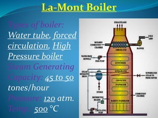 La-Mont Boiler
Types of boiler:
Water tube, forced
circulation, High
Pressure boiler
Steam Generating
Capacity: 45 to 50
tones/hour
Pressure: 120 atm.
Temp.: 500 °C
 