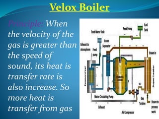 Velox Boiler
Principle: When
the velocity of the
gas is greater than
the speed of
sound, its heat is
transfer rate is
also increase. So
more heat is
transfer from gas
 