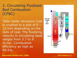 2. Circulating Fluidized
Bed Combustion
(CFBC)
Taller boiler structure Coal
is crushed to a size of 6 –
12 mm depending on the
rank of coal. The fluidizing
velocity in circulating beds
ranges from 3.7 to 9
m/sec. Combustion
efficiency as high as
99.5%.
Babasaheb Phadtare Poly. (DME) Prof. Kokare A.Y.
 