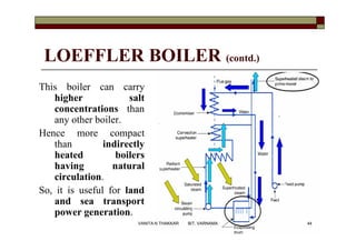 LOEFFLER BOILER (contd.)
This boiler can carry
higher salt
concentrations than
any other boiler.
Hence more compact
than indirectly
heated boilers
having natural
circulation.
So, it is useful for land
and sea transport
power generation.
44VANITA N THAKKAR BIT, VARNAMA
 