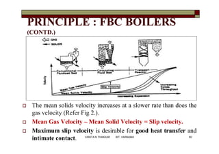 PRINCIPLE : FBC BOILERS
(CONTD.)
 The mean solids velocity increases at a slower rate than does the
gas velocity (Refer Fig 2.).
 Mean Gas Velocity – Mean Solid Velocity = Slip velocity.
 Maximum slip velocity is desirable for good heat transfer and
intimate contact. 60VANITA N THAKKAR BIT, VARNAMA
 
