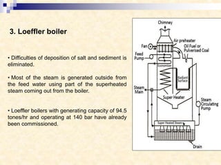 3. Loeffler boiler
• Difficulties of deposition of salt and sediment is
eliminated.
• Most of the steam is generated outside from
the feed water using part of the superheated
steam coming out from the boiler.
• Loeffler boilers with generating capacity of 94.5
tones/hr and operating at 140 bar have already
been commissioned.
 
