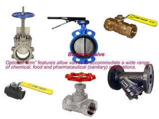 Butterfly valve
Optional “trim” features allow valves to accommodate a wide range
of chemical, food and pharmaceutical (sanitary) applications.
 