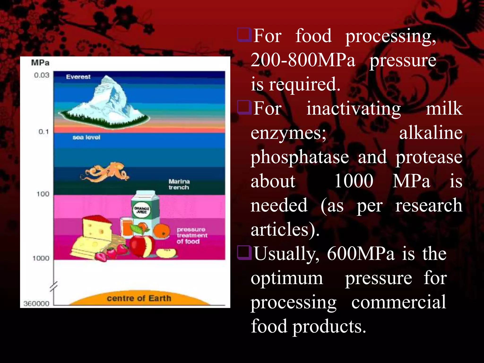 For food processing,
200-800MPa pressure
is required.
For inactivating milk
enzymes; alkaline
phosphatase and protease
about 1000 MPa is
needed (as per research
articles).
Usually, 600MPa is the
optimum pressure for
processing commercial
food products.
 