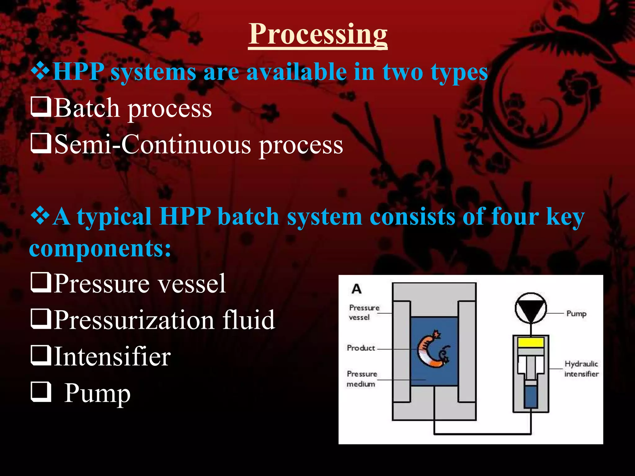Processing
HPP systems are available in two types
Batch process
Semi-Continuous process
A typical HPP batch system consists of four key
components:
Pressure vessel
Pressurization fluid
Intensifier
 Pump
 
