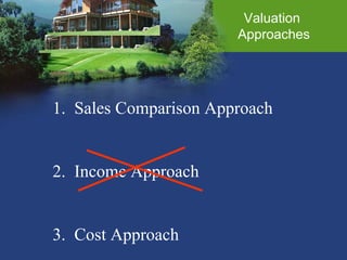 Valuation  Approaches 1.  Sales Comparison Approach 2.  Income Approach 3.  Cost Approach 