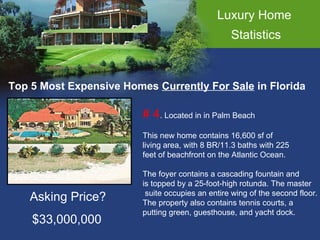 Luxury Home  Statistics Top 5 Most Expensive Homes  Currently For Sale  in Florida # 4 . Located in in Palm Beach This new home contains 16,600 sf of  living area, with 8 BR/11.3 baths with 225  feet of beachfront on the Atlantic Ocean. The foyer contains a cascading fountain and  is topped by a 25-foot-high rotunda. The master suite occupies an entire wing of the second floor.  The property also contains tennis courts, a  putting green, guesthouse, and yacht dock.  Asking Price? $33,000,000 