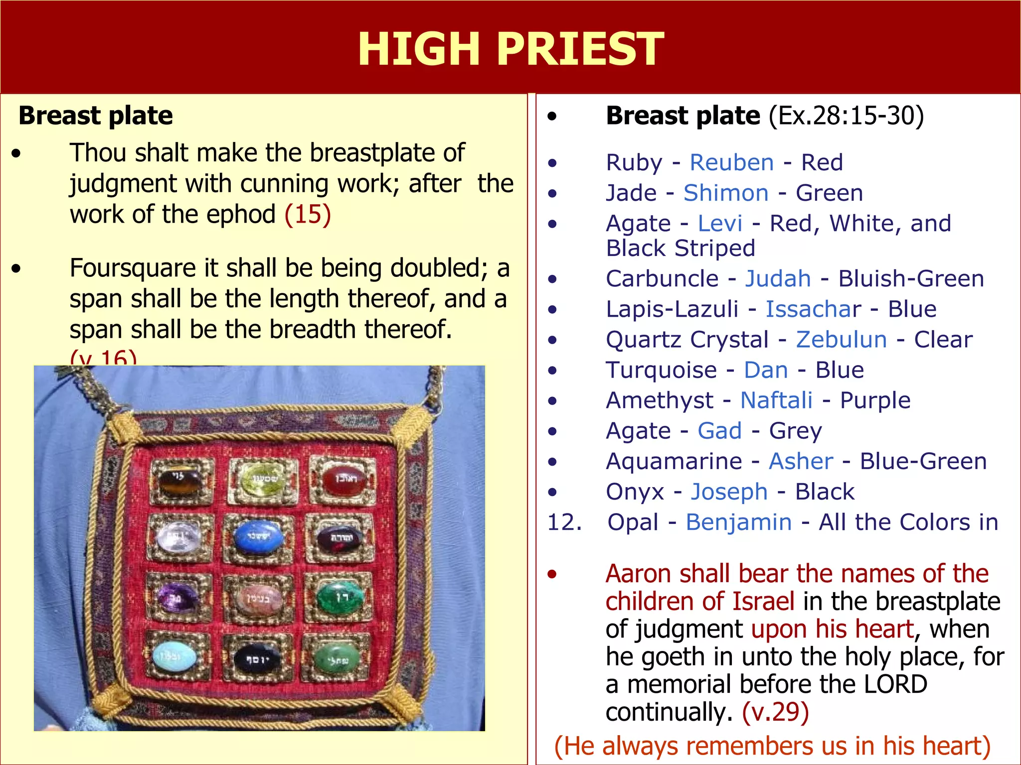 HIGH PRIEST Breast plate Thou shalt make the breastplate of judgment with cunning work; after  the work of the ephod  (15) Foursquare it shall be being doubled; a span shall be the length thereof, and a span shall be the breadth thereof.  (v.16) Breast plate  (Ex.28:15-30) Ruby -  Reuben  - Red  Jade -  Shimon  - Green  Agate -  Levi  - Red, White, and Black Striped  Carbuncle -  Judah  - Bluish-Green  Lapis-Lazuli -  Issacha r - Blue  Quartz Crystal -  Zebulun  - Clear  Turquoise -  Dan  - Blue  Amethyst -  Naftali  - Purple  Agate -  Gad  - Grey  Aquamarine -  Asher  - Blue-Green  Onyx -  Joseph  - Black  12.  Opal -  Benjamin  - All the Colors in Aaron shall bear the names of the children of Israel  in the breastplate of judgment  upon his heart , when  he goeth in unto the holy place, for a memorial before the LORD continually.  (v.29) (He always remembers us in his heart) 
