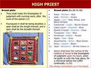 HIGH PRIEST Breast plate Thou shalt make the breastplate of judgment with cunning work; after  the work of the ephod  (15) Foursquare it shall be being doubled; a span shall be the length thereof, and a span shall be the breadth thereof.  (v.16) Breast plate  (Ex.28:15-30) Ruby -  Reuben  - Red  Jade -  Shimon  - Green  Agate -  Levi  - Red, White, and Black Striped  Carbuncle -  Judah  - Bluish-Green  Lapis-Lazuli -  Issacha r - Blue  Quartz Crystal -  Zebulun  - Clear  Turquoise -  Dan  - Blue  Amethyst -  Naftali  - Purple  Agate -  Gad  - Grey  Aquamarine -  Asher  - Blue-Green  Onyx -  Joseph  - Black  12.  Opal -  Benjamin  - All the Colors in Aaron shall bear the names of the children of Israel  in the breastplate of judgment  upon his heart , when  he goeth in unto the holy place, for a memorial before the LORD continually.  (v.29) (He always remembers us in his heart) 