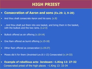 HIGH PRIEST Consecration of Aaron and sons  (Ex.29: 2, 9-20) And thou shalt consecrate Aaron and his sons.  (v.9) … And thou shalt put them into one basket, and bring them in the basket,  with the bullock and the two rams.  (v.2-3) Bullock offered as sin offering  (v.10-14) One Ram offered as burnt offering  (v.15-18) Other Ram offered as consecration  (v.19-27) Moses did it for them (Anointed-Lev.8:1-13) Consecrated  (v.14-33) Example of rebellious acts- Jeroboam –1.King 12: 27-32 Consecrated priest of the high places  –1.King 13: 33-34 