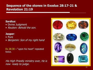 Sardius :  Divine Judgment Reuben: Behold the son. Jasper :  Pure Benjamin: Son of my right hand Ex 28:30  – “upon his heart” repeated  twice. His High Priestly ministry over, He is  now  ready to judge. Sequence of the stones in Exodus 28:17-21 &  Revelation 21:19 