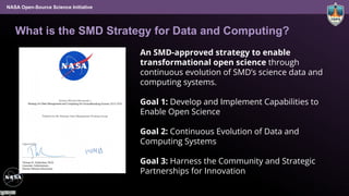 NASA Open-Source Science Initiative
An SMD-approved strategy to enable
transformational open science through
continuous evolution of SMD’s science data and
computing systems.
Goal 1: Develop and Implement Capabilities to
Enable Open Science
Goal 2: Continuous Evolution of Data and
Computing Systems
Goal 3: Harness the Community and Strategic
Partnerships for Innovation
What is the SMD Strategy for Data and Computing?
27
 