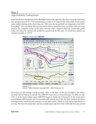 Part 2
High Probability Trading Setups
price hits the first standard deviation Bollinger band on the opposite side. This occurs the following
day, giving us an exit of 1.7527 and earning us a total of 33.5 pips on the entire trade. At this point,
some traders looking at the charts may say, “Oh wow, the second half was triggered at 3am EST,
I’m asleep!” It is very likely that you may not be able to spend the entire wee hours with your eyes
glued to the computer screen, so for those who just want a target to place the second take profit
order, two times the amount risk would be a good level. In this case, we could have placed our
second exit order at 1.7519.
               Setup 5 - Pure Fade, GBP/JPY




               Figure 5 - 5
               Source: FXtrek Intellichart, Copyright 2001 - 2005 Fxtrek.com, Inc.


Of course, no one strategy can be accurate 100% of the time, so the last example is one where
the trade did not end up in a profit. The GBP/JPY chart above is from February 14, 2006. At 7pm
EST, or at the Asian market open, GBP/JPY begins to break out of its post-U.S./pre-Asian price
consolidation. RSI breaches the 30 oversold mark, and the price hits the third standard deviation
Bollinger band, which puts the currency on our radar screen, where we look for an opportunity to
go long. We wait four hours later and see a candle open and close fully within the first and second



   e-book                                          High Probability Trading Setups for the Currency Market   55
 