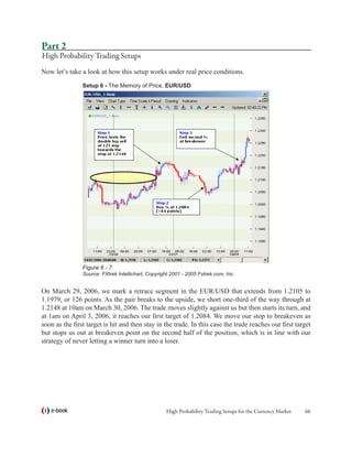 Part 2
High Probability Trading Setups
Now let’s take a look at how this setup works under real price conditions.
                Setup 6 - The Memory of Price, EUR/USD




                Figure 6 - 7
                Source: FXtrek Intellichart, Copyright 2001 - 2005 Fxtrek.com, Inc.


On March 29, 2006, we mark a retrace segment in the EUR/USD that extends from 1.2105 to
1.1979, or 126 points. As the pair breaks to the upside, we short one-third of the way through at
1.2148 at 10am on March 30, 2006. The trade moves slightly against us but then starts its turn, and
at 1am on April 3, 2006, it reaches our first target of 1.2084. We move our stop to breakeven as
soon as the first target is hit and then stay in the trade. In this case the trade reaches our first target
but stops us out at breakeven point on the second half of the position, which is in line with our
strategy of never letting a winner turn into a loser.




   e-book                                           High Probability Trading Setups for the Currency Market   66
 