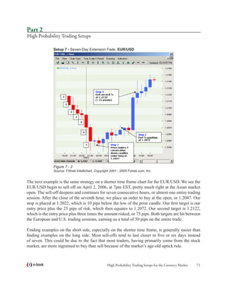 Part 2
High Probability Trading Setups

               Setup 7 - Seven-Day Extension Fade, EUR/USD




               Figure 7 - 2
               Source: FXtrek Intellichart, Copyright 2001 - 2005 Fxtrek.com, Inc.


The next example is the same strategy on a shorter time frame chart for the EUR/USD. We see the
EUR/USD begin to sell off on April 2, 2006, at 7pm EST, pretty much right at the Asian market
open. The sell-off deepens and continues for seven consecutive hours, or almost one entire trading
session. After the close of the seventh hour, we place an order to buy at the open, or 1.2047. Our
stop is placed at 1.2022, which is 10 pips below the low of the prior candle. Our first target is our
entry price plus the 25 pips of risk, which then equates to 1.2072. Our second target is 1.2122,
which is the entry price plus three times the amount risked, or 75 pips. Both targets are hit between
the European and U.S. trading sessions, earning us a total of 50 pips on the entire trade.

Finding examples on the short side, especially on the shorter time frame, is generally easier than
finding examples on the long side. Most sell-offs tend to last closer to five or six days instead
of seven. This could be due to the fact that most traders, having primarily come from the stock
market, are more ingrained to buy than sell because of the market’s age-old uptick rule.



   e-book                                          High Probability Trading Setups for the Currency Market   71
 